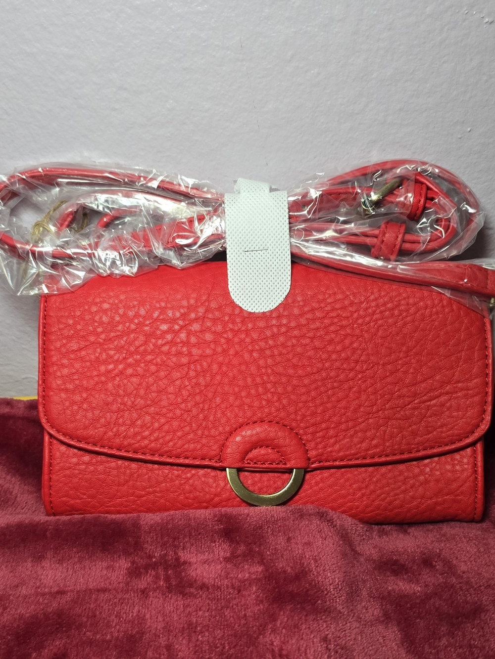 Red Pebbled Crossbody with Gold Ring Accent